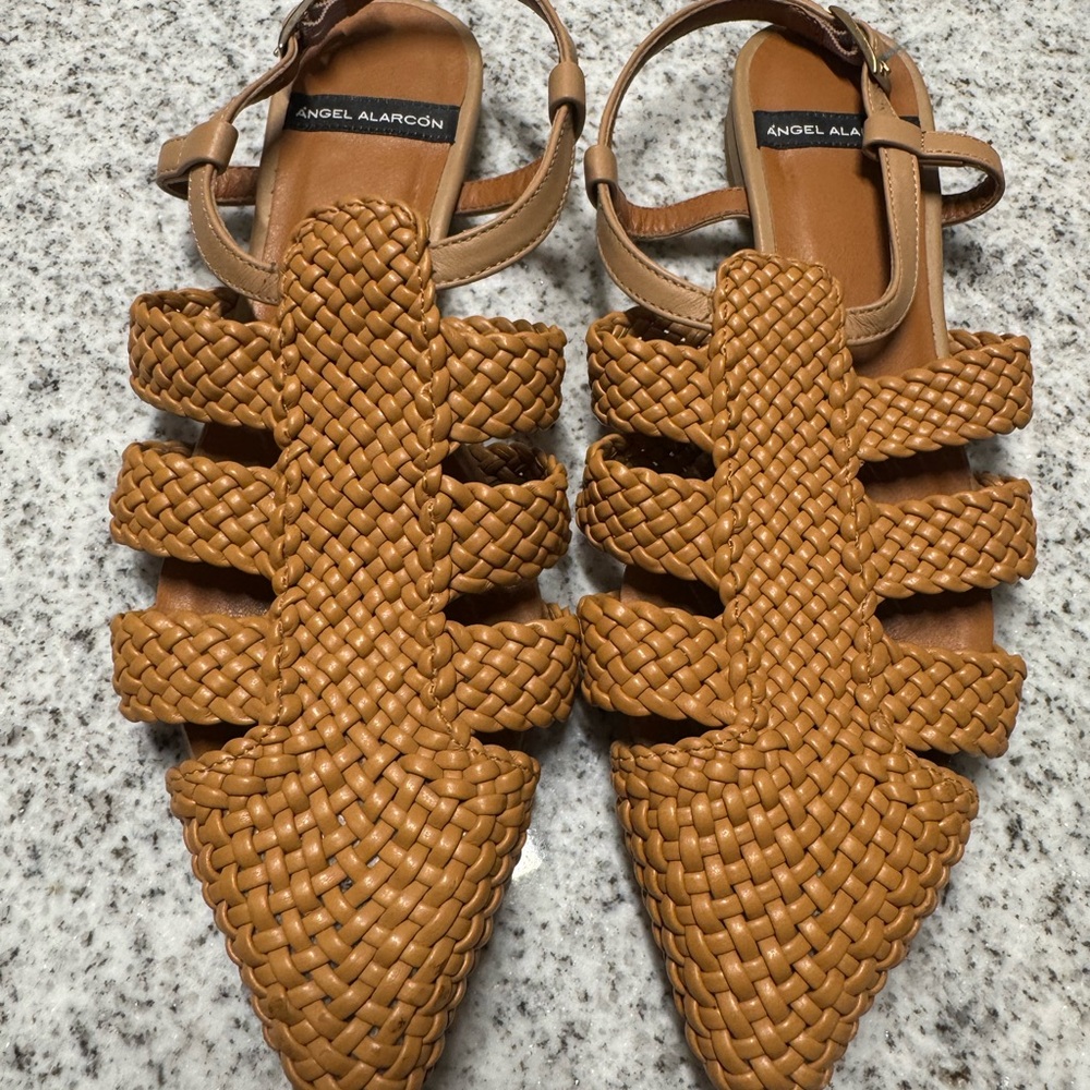 Angel Alarcon Intricate Tan Woven Leather Sandals